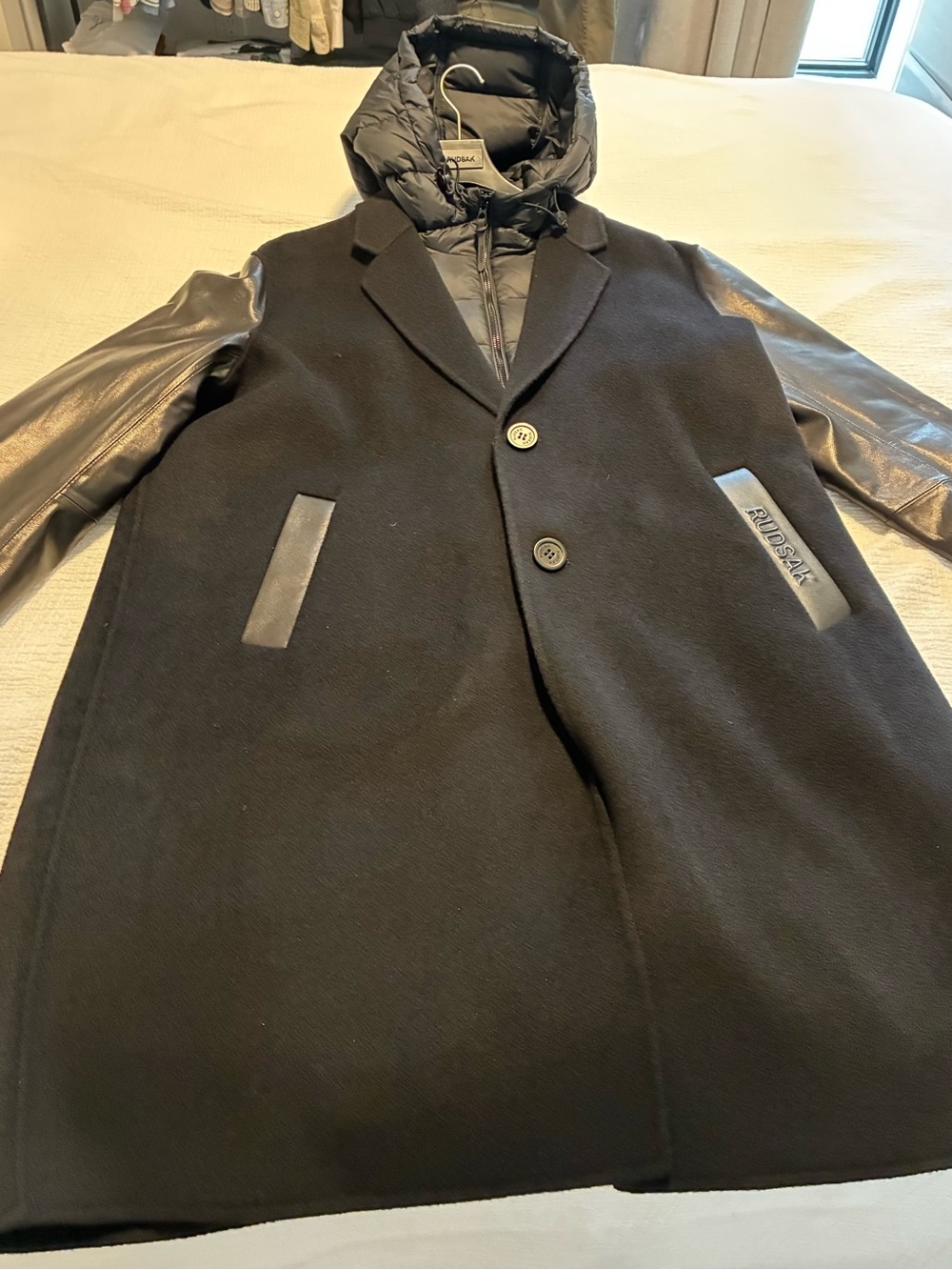 RUDSAK Black Wool Trench Coat with Leather Sleeves and Puffer Hood